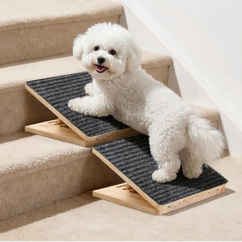 Dog Ramp for Stairs 2 Pack - Adjustable Wooden Stair Wedges for Small Dogs, Foldable Indoor Dog Stair Ramp with Triangular Support and Non-Slip Pads for Senior and Short-Legged Pets by Rayki