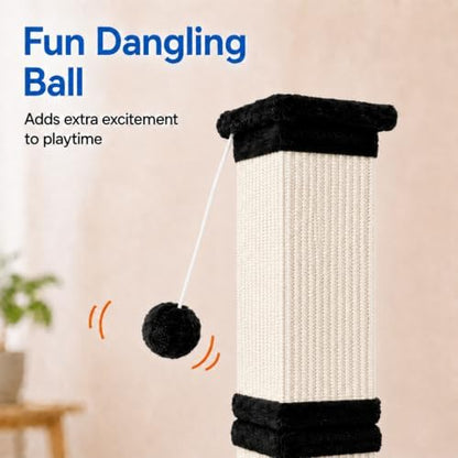 Vertical Cat Scratching Post for Indoor Cats, Sisal Scratch Tower with Soft Plush Base & Dangling Pom Ball, 32'' Tall Cat Scratcher Column, Furniture Protection, Black and White - Image 5