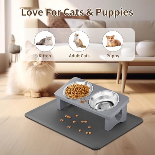 Elevated Cat Bowls with 15° Tilted Solid Wood Stand,Slate Grey - Image 7