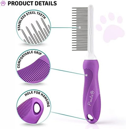 POODLIE Pet Grooming Bundle - Detangling Pet Comb with Long & Short Stainless Steel Teeth for Removing Matted Fur, Knots & Tangles + Slicker Brush for Small and Large Dogs with Curly Hair - Image 4