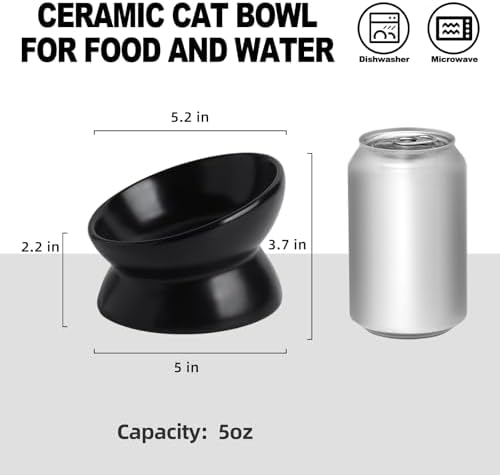 Elevated Ceramic Cat Bowl, 15° Tilted Raised Food & Water Dishes, Anti-Vomiting & Neck Protection Pet Feeder for Kittens, Small Dogs (5.2", Black, 4pc Set) - Image 2