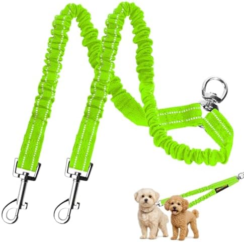 MingXpet 2 Dog Leash, Dog Leash for 2 Dogs, 360° Swivel No Tangle Double Walking Training Leashes for Large Dogs that Pull, Comfortable Shock Absorbing Reflective Bungee, Green by MingXpets