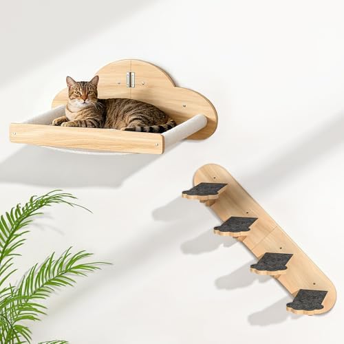Wall Mounted Cat Hammock with 3 Climbing Steps,Pine Wood Cat Climbing Shelves & Perches up to 30lbs,Kitty Wall Shelf Furniture for Indoor Sleeping, Lounging,Climbing and Playing by Chuiendi
