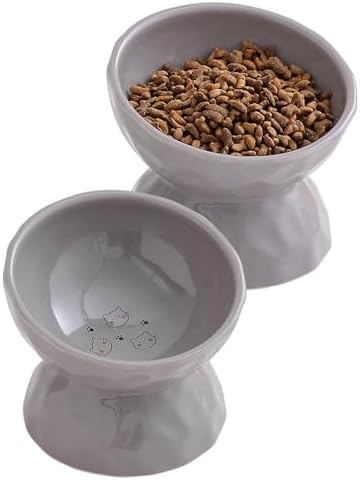 5 Inch Grey Tilted Ceramic Raised Cat Bowls Set of 2 by BABALIU