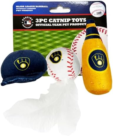 Best Plush CAT Toy - MLB Milwaukee Brewers Complete Set of 3 Piece Cat Toys Filled with Catnip. Incld: 1 Baseball Cap Cat Toy, 1 Baseball Cat Toy with Feathers & 1 Beer Bottle. Beautiful Team Logos by PETSFIRST