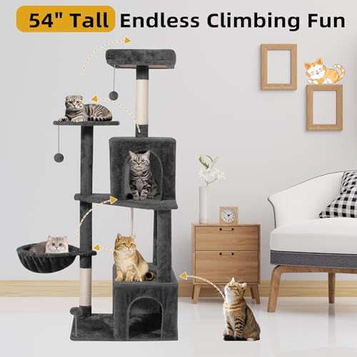 54inch Large Cat Tree Tower Condo with Hammock for Indoor Cats, Soft Plush Multi-Level Climbing Tree Cat House with Cat Cave, Scratching Post, Sisal Rope, Grey Black - Image 6