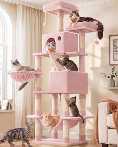 Feandrea Cat Tree, 81.1-Inch Large Cat Tower, Multi-Level Condo, Jelly Pink - Image 2