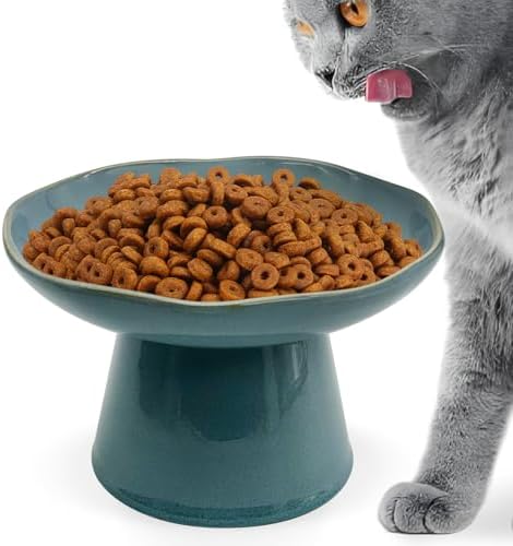 VCEPJH Raised Cat Food Bowls Shallow Cat Plate Ceramic Elevated Cats Dish 6.1in Flat Anti Whisker Fatigue Wide Pet Food & Water Feeder for Indoor Kitty Kitten (Blue) by VCEPJH