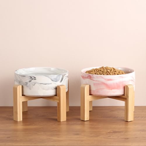 Elevated/Raised Dog Bowl Ceramic with Wood Stand for Small Medium Breed,Dog Food Water Dish Heavy, 6 in Non Slip Modern Cute Porcelain Pet Bowl Marble Grey - Image 6
