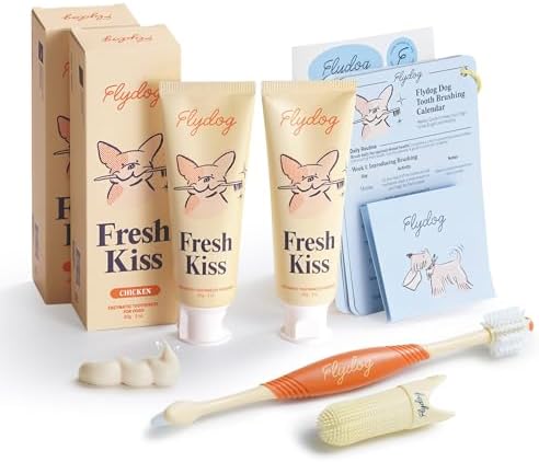 FlyDog Fresh Kiss Dog Tooth Brushing Kit - Vet Approved Formula, Enzymatic Dog Toothpaste and Brush - Breath Freshener & Tartar Remover, 360° Toothbrush & Finger Brush, Dental Guide, Chicken Flavor by FlydogPremiumPetCare