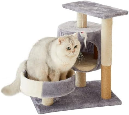 Cat Tree with Condo, Perch, and Scratching Posts, Gray and Beige, Multi-Level Tower with Hanging Toy by Unknown