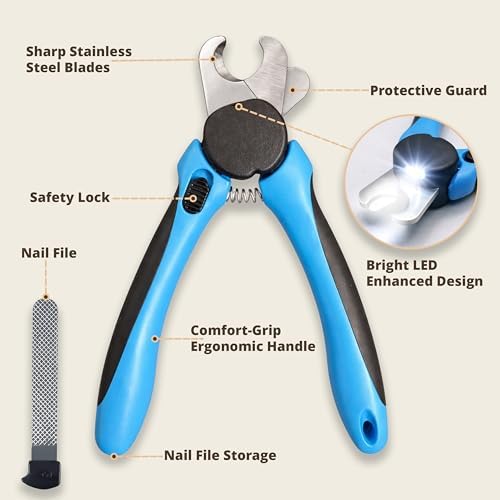 LED Dog Nail Clipper with Light, Professional Pet Nail Trimmer with File For Dogs & Cats grooming, Sharp Stainless Steel Blades for Thick Nails, Safety Guard & Lock (Blue Medium-Large, with LED) - Image 4