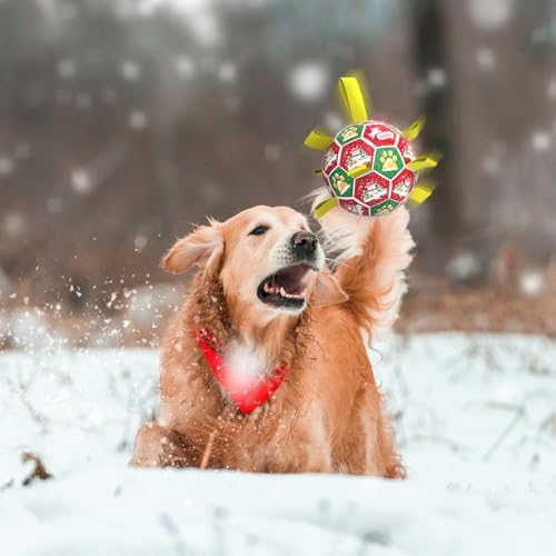 QDAN Christmas Dog Toys: Dog Soccer Ball with Straps for Outdoor Play, Tug of War, Puppy Gifts Durable 8-Inch Dog Balls for Medium Large Dogs - Image 3