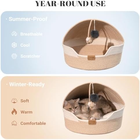 CHEERPALS Cat Basket Bed with Washable Cushion and Ball Rope Cotton, Covered Pet Bed for Indoor Cats Cave Bed Hooded, Stimulicat Cat Bed Handwoven Breathable, All Season Universal(White) - Image 3