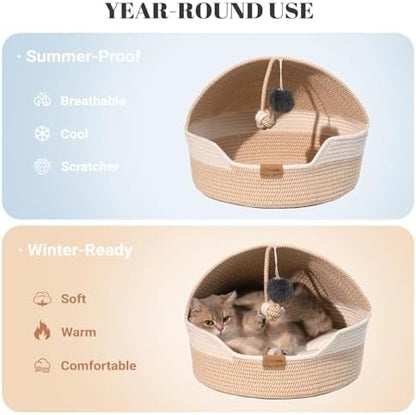 CHEERPALS Cat Basket Bed with Washable Cushion and Ball Rope Cotton, Covered Pet Bed for Indoor Cats Cave Bed Hooded, Stimulicat Cat Bed Handwoven Breathable, All Season Universal(White) - Image 3