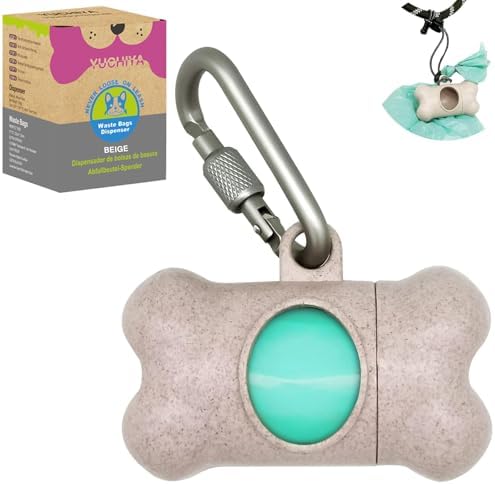 Dog Poop Pickup Bags Holder Dispenser with 1 Roll Random Color Leak-proof Scented Doggy Waste Bags and Carabiner with Safety Lock Plus Hook and Loop Fastener Never Loose on Leash Lead Again (Beige) by YUCHIYA