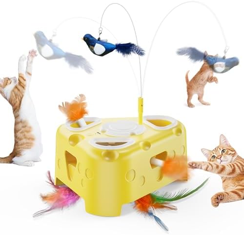 Automatic Cheese-Shaped Interactive Cat Toy – Flying Bird, 6-Hole Mole & Rotating Feather | USB Rechargeable Electronic Feather Toy for Indoor Adult Cats & Kittens, Relieves Boredom by PANRIO