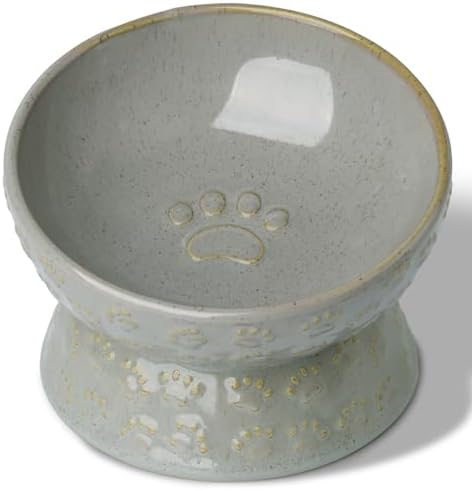 Ceramic Cat Food Bowl, 15° Tilted Raised Cat Food Bowl 5 oz (Vintage Grey) by QUXIJA