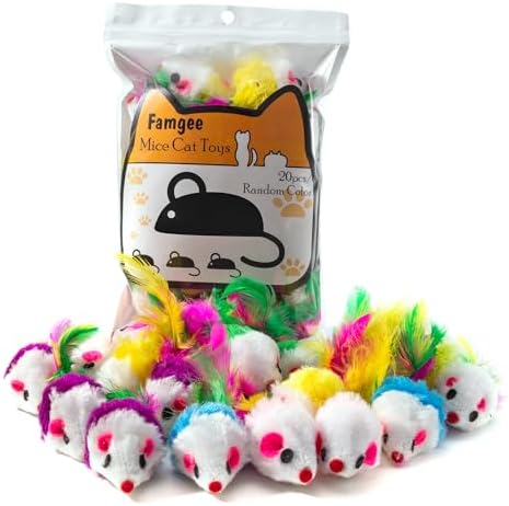 20 PCS Furry Cat Toys Squeak Mouse Rattle Mice Cat Catcher Pet Toys with Feather Tails (Random Color) by Famgee