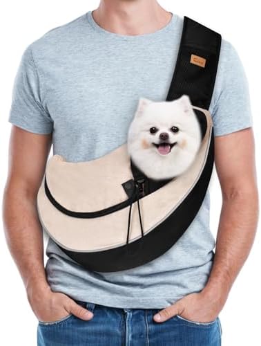 Cuby Pet Sling Carrier for Small Dogs Cats,Drawstring & Zipper Security Hook Triple Designs for Pets' Securty Dog Bag,Breathable Travel Pet Puppy Sling Carrier with Adjustable Strap(Beige,S (3-5 lbs)) by CUBY