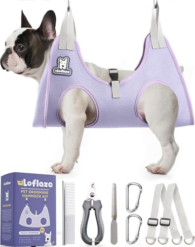 Loflaze Dog Grooming Hammock Harness for Dogs & Cats with Pet Nail Clipper Trimmer - Cat Hanger Sling for Trimming Clipping Nails- Dog Hammock Restraint Bag for Small Medium Large pet （ Purple M） by Loflaze