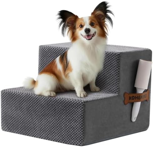 Dog Stairs, Steps and Ramp for High Bed & Sofa, 13-24" H Detachable Pet Stairs for Small Medium Dogs, Sturdy 40D Foam, Non-Slip, Washable Cover with Lint Roller, Grey by Kohentact