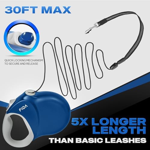 Fida Upgraded Retractable Dog Leash, 30ft, Heavy Duty, Blue - Image 2