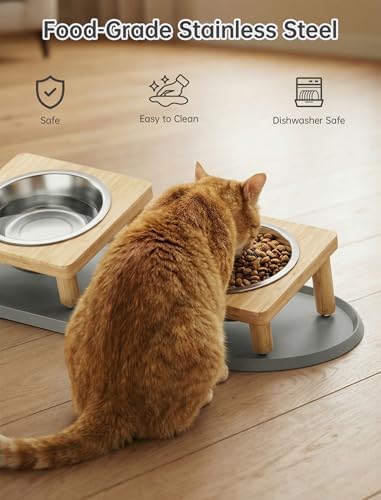 NiHome Elevated Cat Bowls with Mat, Adjustable Bamboo Stand, 2 Steel Bowls - Image 6