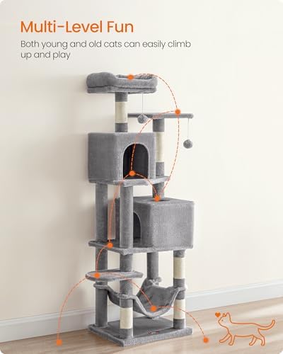 Feandrea Cat Tree, 59.5-Inch Tall Cat Tower, Multi-Level Condo, Light Gray - Image 3