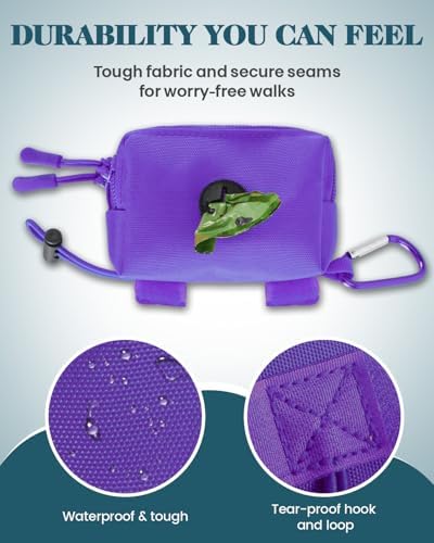 Dog Poop Bag Holder for Leashes, Purple Doggie Waste Bag Dispenser and Treat Holder, with Carabiner Hook and Poop Bag Clip, Used Waterproof Wear-Resistant Fabric and 2 Zippered Pouches for Walking - Image 3