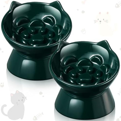 Funnymoom 2 Pcs Ceramic Raised Slow Feeder Cat Bowl, 5.91inch Elevated Cat Slow Feeder Bowl Tilted Anti Vomiting for Dry Wet Food and Water Easy to Clean High Edge(Dark Green) by Funnymoom