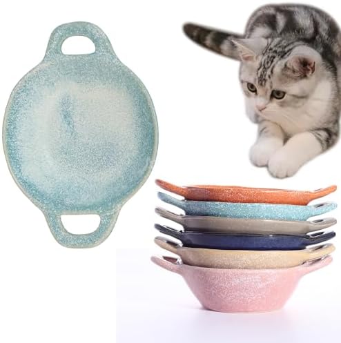 Ceramic Cat Bowl Cats Dishes for Food and Water, 8.3 Inch Dog Bowls, 7 oz Ceramic Cat Food Bowl, Whisker Fatigue Pet Plate, Pet Water Bowls with Handle Perfect for Indoor Cats (Blue) by Padolitlay