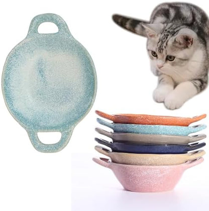 Ceramic Cat Bowl Cats Dishes for Food and Water, 8.3 Inch Dog Bowls, 7 oz Ceramic Cat Food Bowl, Whisker Fatigue Pet Plate, Pet Water Bowls with Handle Perfect for Indoor Cats (Blue) by Padolitlay