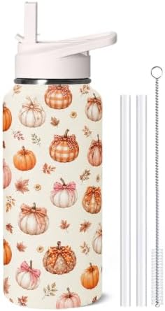 32 oz Fall Pumpkin Bow Insulated Water Bottle with Straw Lid, Stainless Steel Vacuum Leak Proof Flip Top Sports Water Bottle, Autumn Reusable Travel Mug for Gym Hiking, Fall Decor Gift for Women Girls by Unknown