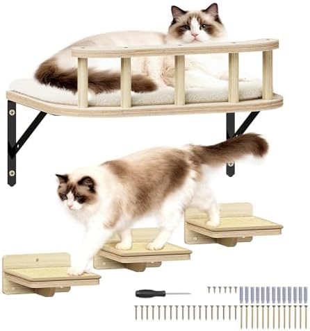 17" × 13" Large Cat Wall Shelves- Wall Climber Wooden Furniture Cat Shelf with Cushion and 3 Wide Perch Steps for Large Cats and Kittens Sleeping, Playing, Climbing by SnuyGo