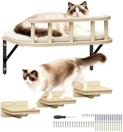 17" × 13" Large Cat Wall Shelves- Wall Climber Wooden Furniture Cat Shelf with Cushion and 3 Wide Perch Steps for Large Cats and Kittens Sleeping, Playing, Climbing by SnuyGo