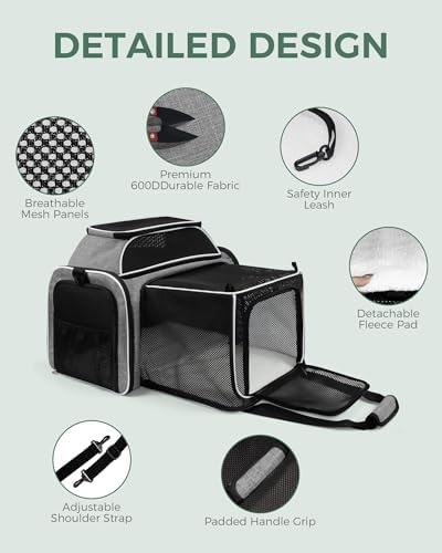 Cat Carrier Bag,Airline Approved Pet Carrier Soft Side Pet Travel 5 Sides Open Doors 5 Sides Expandable Foldable Dog Carrier with Fleece Pad(Patent Pending) Grey - Image 3