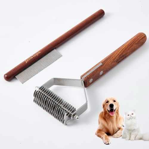 Pet Dematting Rake with 2 Sided Professional Pet Grooming Rake for Dogs and Cats 20-Blades Deshedding Detangle Thinning Undercoat Comb and Face Comb Kit with Wooden Handle by Jzswiepa