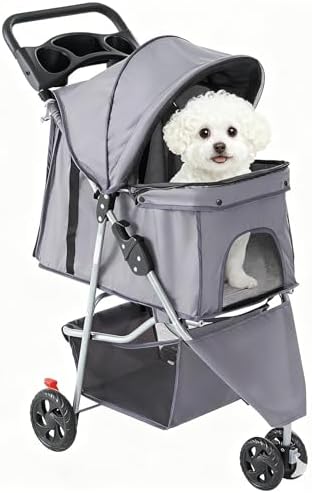 3 Wheels Pet Stroller,Storage Basket and Cup Holder, Breathable Mesh, Waterproof and Foldable for Small/Medium Dogs and Cats Strollers, Lightweight Travel Carrier for Daily Walks & Outdoor，Grey by SimpleDeluxe