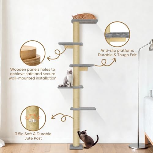 PAWSCRAT 5-Tier Wall-Mounted Cat Tree, 80-Inch Sisal Cat Post, Gery - Image 3