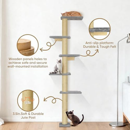 PAWSCRAT 5-Tier Wall-Mounted Cat Tree, 80-Inch Sisal Cat Post, Gery - Image 3