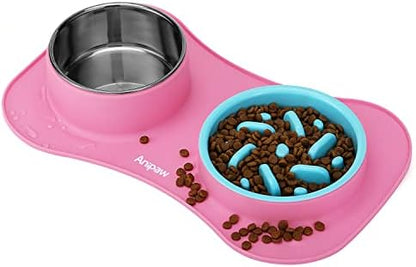 Slow Feeder Dog Bowls 3 in 1 Stainless Steel Food Water Bowl to Slow Eating by Anipaw