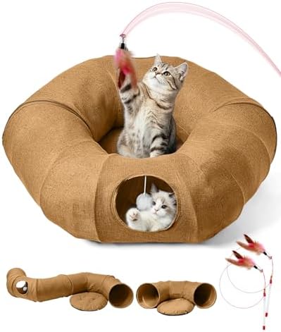 Linen Cat Tunnels with Central Cat Bed, Interactive Cat Toys Detachable Washable Soft Mat Large Indoor Play Tunnel Cave for Kittens and Small Animals by Odoland
