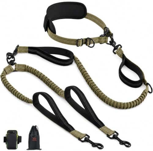 Hands Free Double Dog Leash, 4 Reflective Padded Handles, Adjustable Waist Belt 27-51", Shock-Absorbing Bungee, 360° Swivel Clips, for Small, Medium & Large Dogs, Walking Jogging Running by Unknown