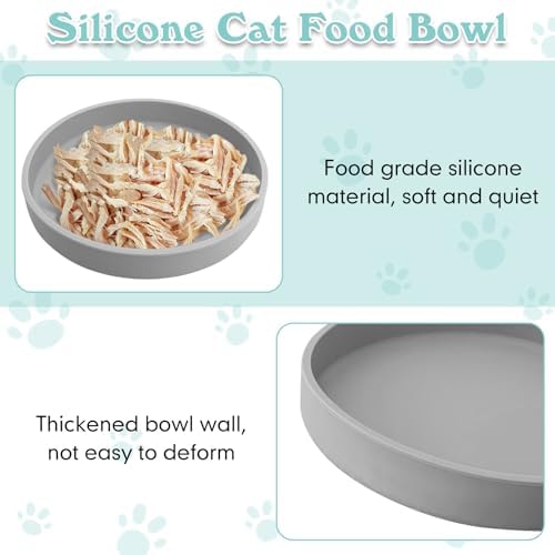 Silicone Cat Food Bowls Shallow Cat Dishes 5.9in Wide Pet Plates Set of 2 Small Flat Dog Saucer Bowl Cute Whisker Fatigue Kitten Feeding Dish for Dry & Wet Food (Round Grey) - Image 3