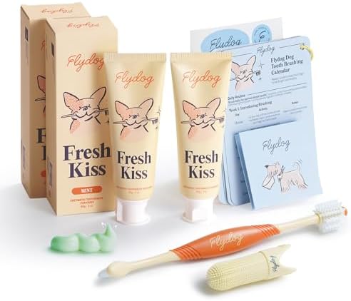 FlyDog Fresh Kiss Dog Tooth Brushing Kit - Vet Approved Formula, Enzymatic Dog Toothpaste and Brush - Breath Freshener & Tartar Remover, 360° Toothbrush & Finger Brush, Dental Guide, Mint Flavor by FlydogPremiumPetCare