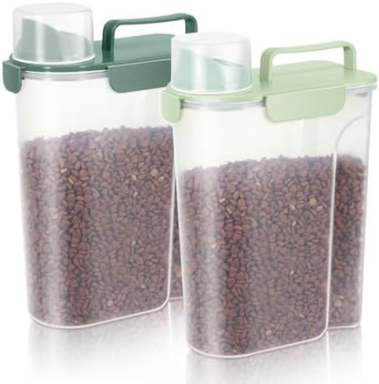 LEAWALK 5-7lbs Dog Cat Storage Container Portable with Upgraded Large Spout and Cup, Plastic Pet Food Dispenser for Small Animal Kibble, Bird Seed,Oatmeal, Rice,Flour, Brown Sugart-Green 2pack by LEAWALK