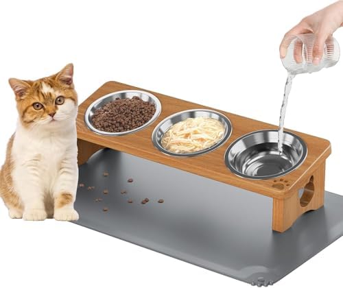 Elevated Cat Bowls, 3-Bowl Solid Wood Stand, Warm Chestnut by Unknown