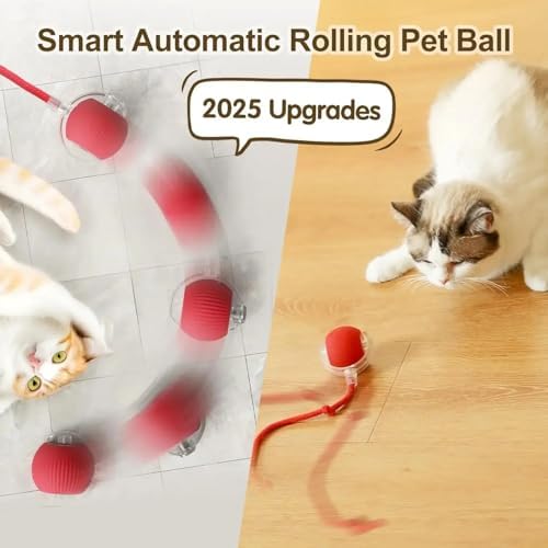 Automatic Cat Ball, RED, LED Lights, Indoors for Active Cats - Rechargeable, Smart Rolling, Speedy Tail/Rope - Image 5