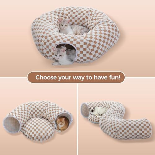 PEQULTI Brown Donut Cat Tunnel Bed Washable Plush Mat Multi for Small Pets - Image 3